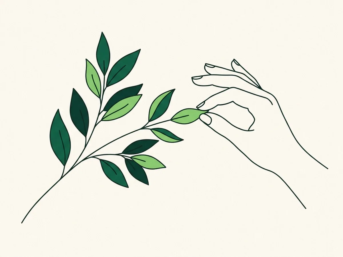 An outlined hand gently holding one lime leaf on a leafy branch.