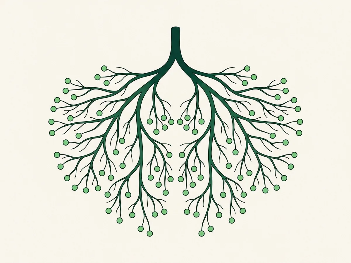 A website sitemap drawn as a root system, with one trunk branching into many roots that end in lime nodes.
