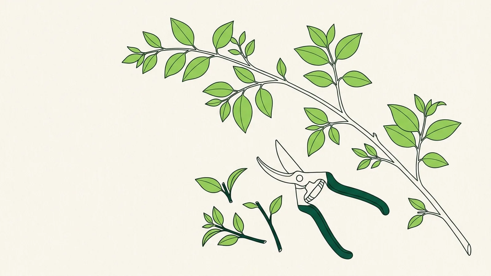 A leafy branch with pruning shears and a few trimmed cuttings beside it.