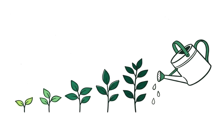 A row of seedlings, each a little taller than the last, with a watering can pouring on the tallest: a weekly routine.