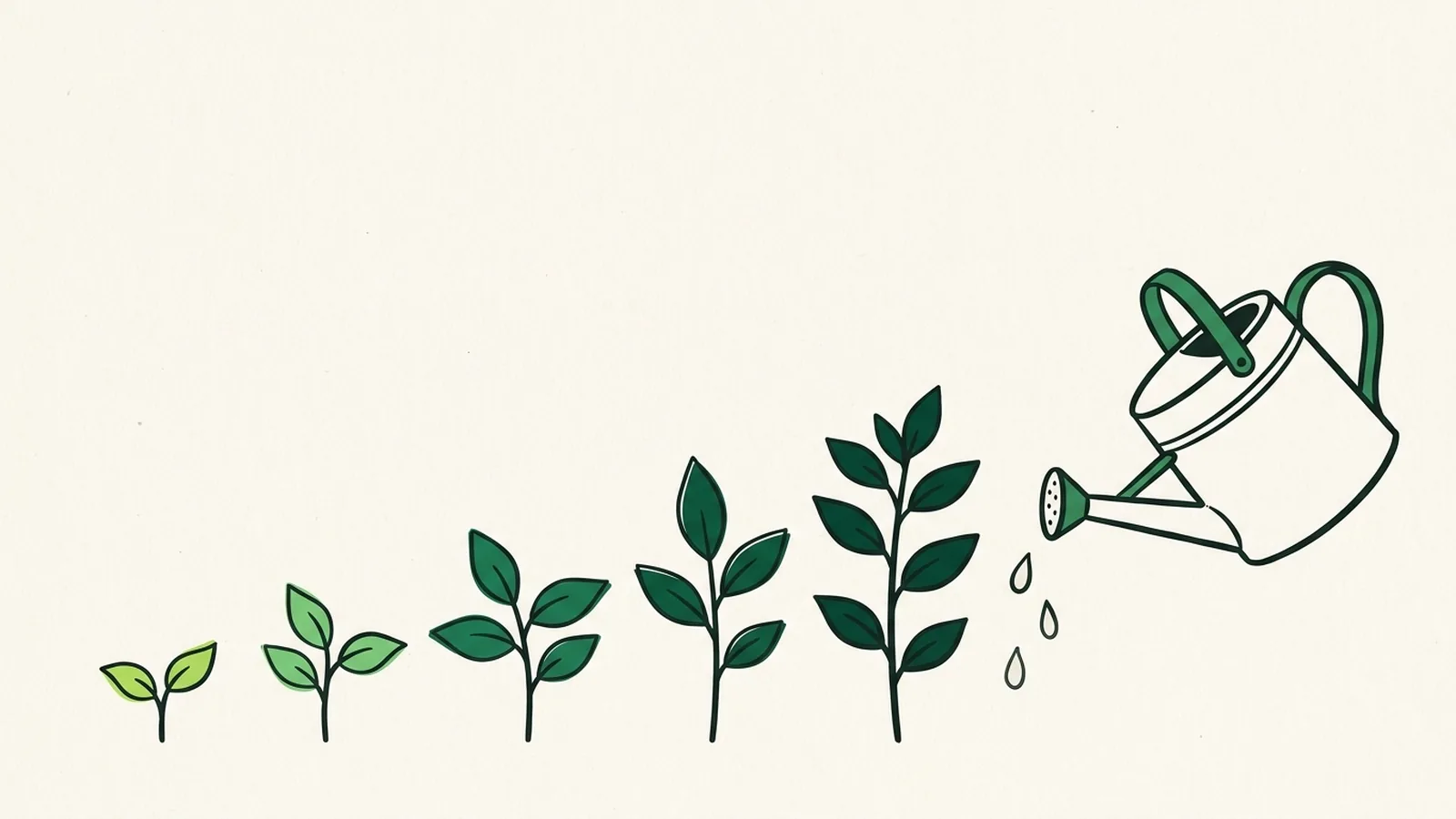A watering can tipped over a row of plants that grow taller from left to right.