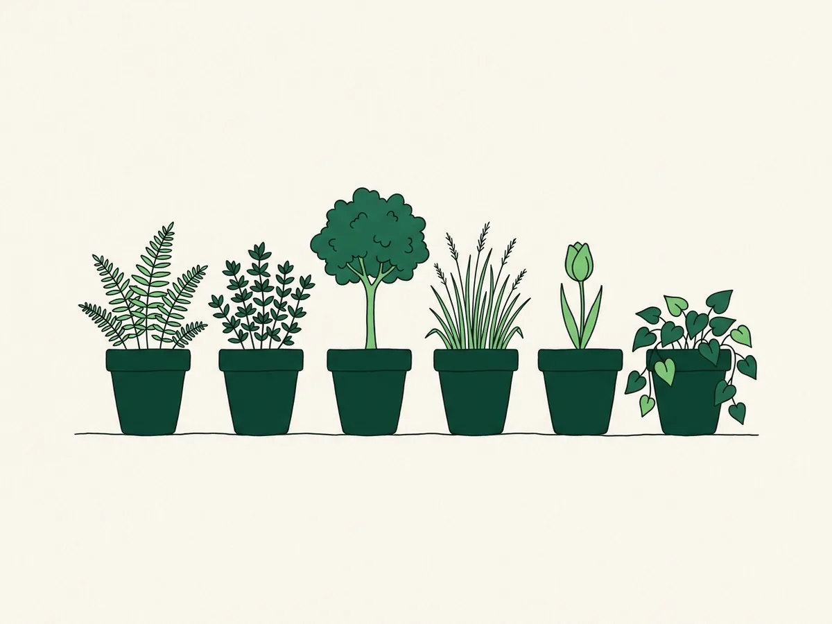 Six identical green pots in a row, each holding a different plant.