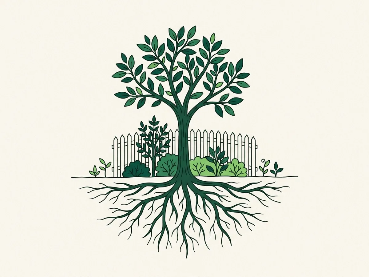 A single rooted tree inside a small picket fence garden, with wide roots below the ground line.