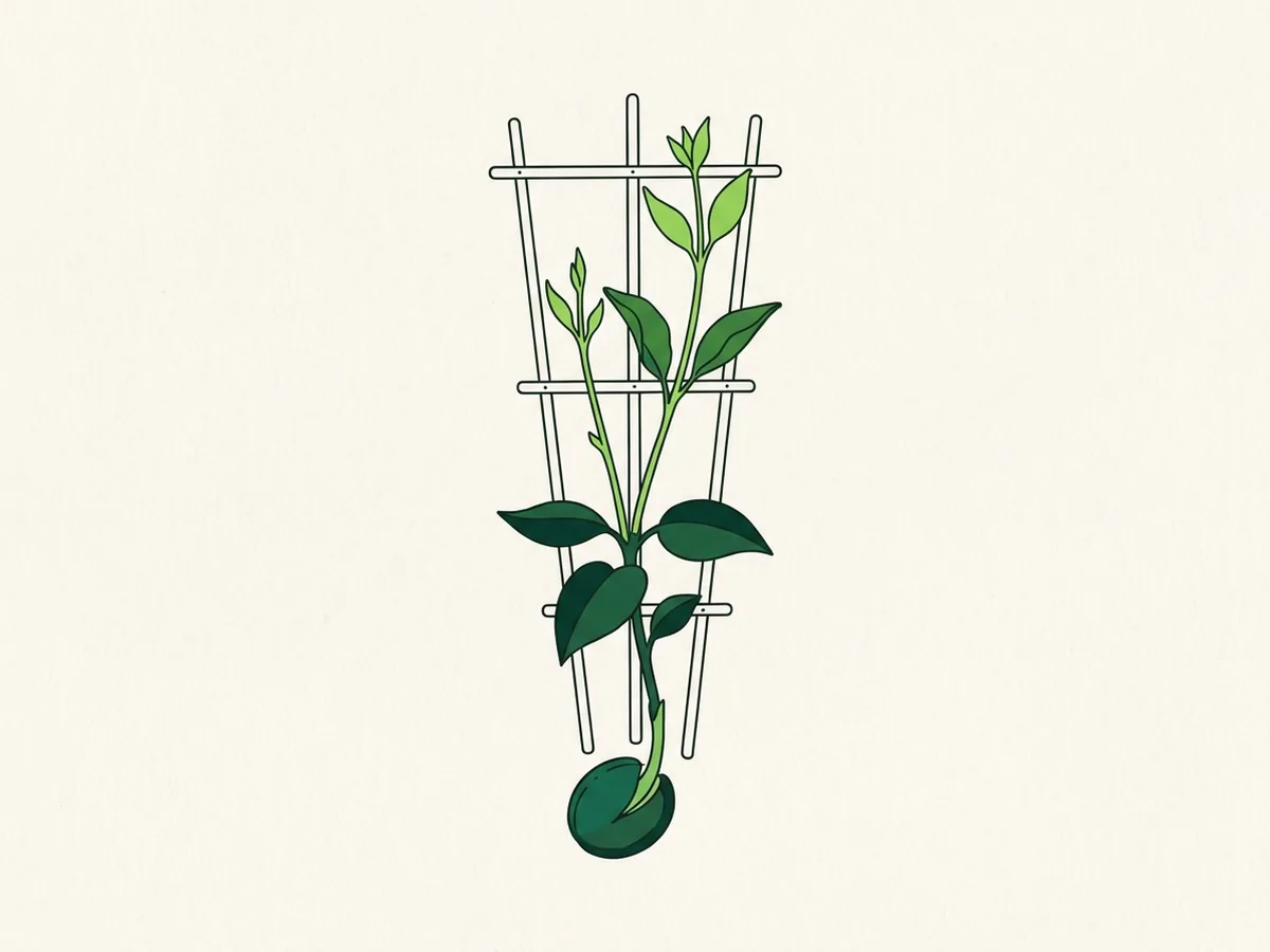 A young plant sprouting from a seed and climbing a slim trellis.